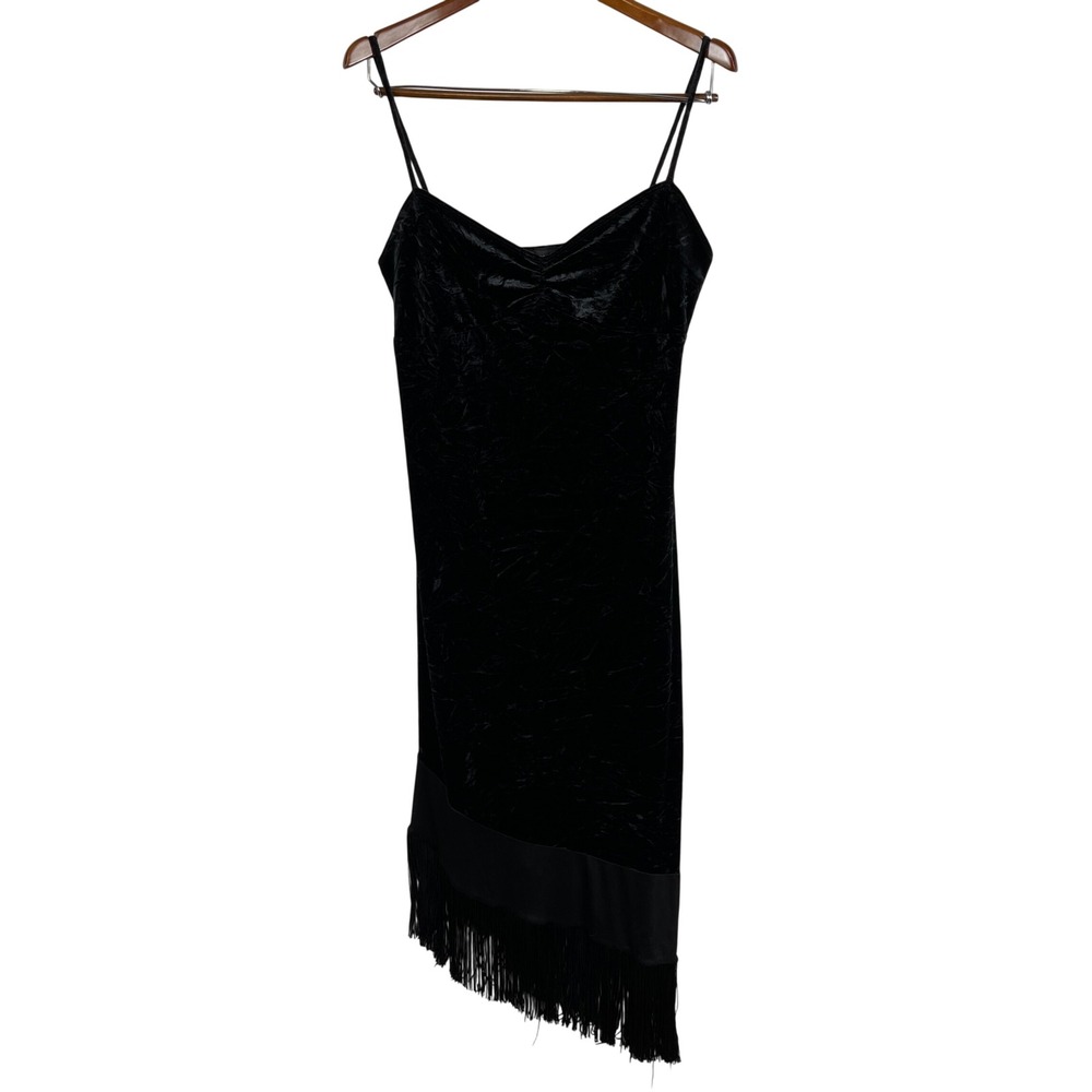 CDC‎ Velvet Fringe Asymmetrical Midi Dress Womens 12 Black Spaghetti Strap